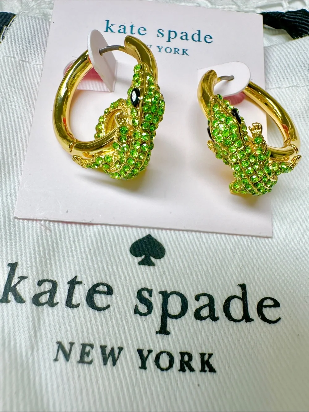 kate spade Gold Hoop Earrings with Lime Green Crystal Alligator Accents